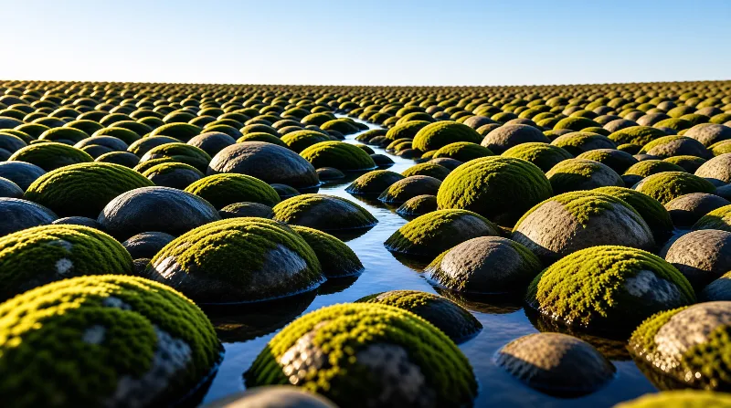 Rows of moss covered stones stand in shallow water creating a blue path towards the horizon under bright sunlight.