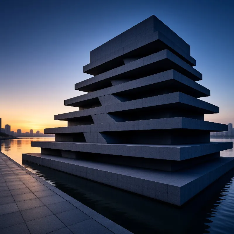 Layered concrete monument rises from water near a paved walkway under a twilight sky.