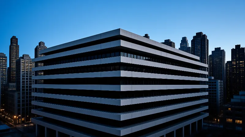 Horizontal concrete bands define a large building against a deep blue evening sky surrounded by other tall city structures.