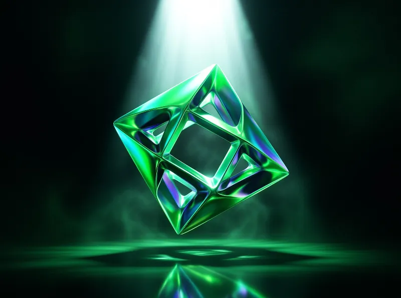 A reflective green metal structure hangs suspended in darkness with a bright spotlight shining down on it.