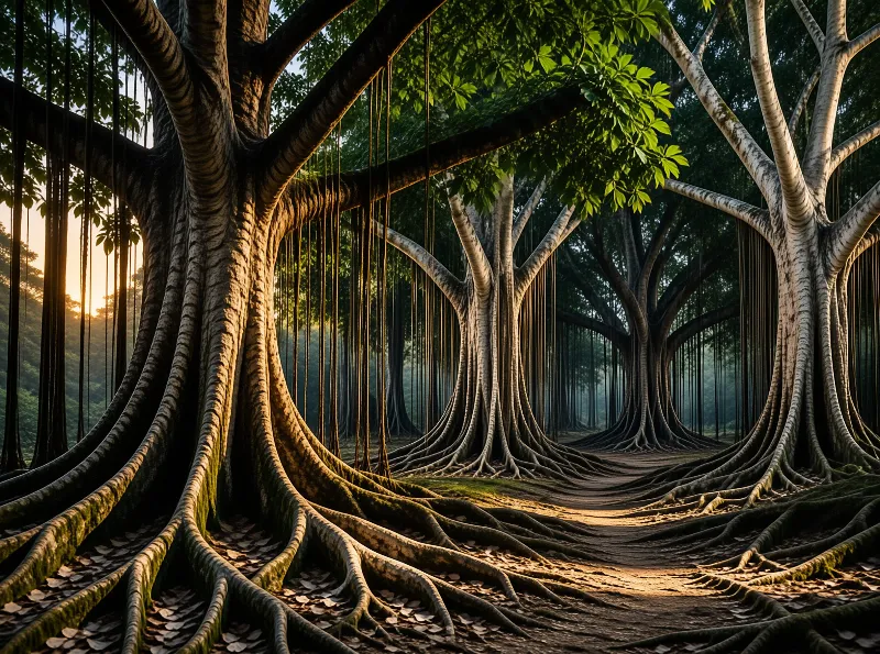 Sunlit Banyan Tree Path