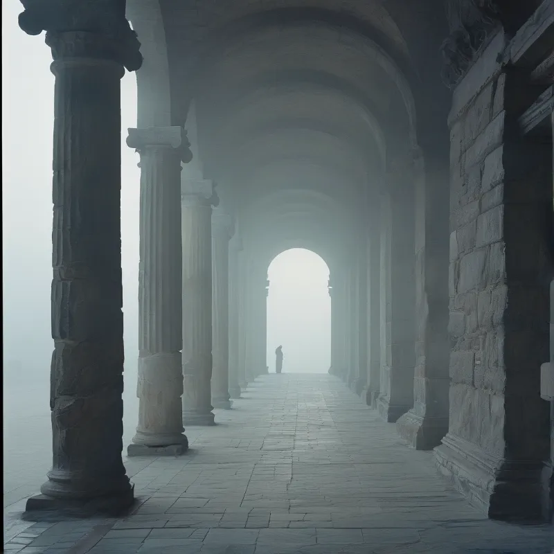 A series of ancient stone arches creates a tunnel of fog leading to a solitary figure illuminated by white light.