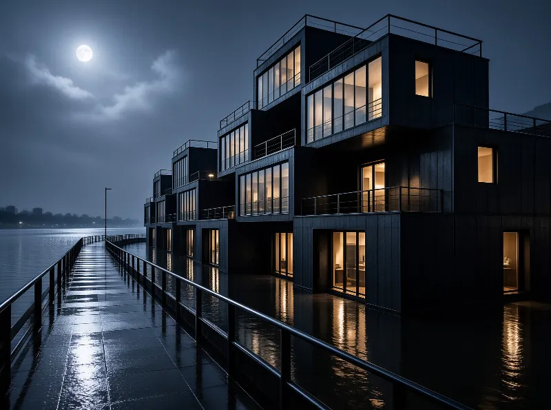 A row of dark modern waterfront buildings with warm interior lights reflects on a wet boardwalk under a full moon.