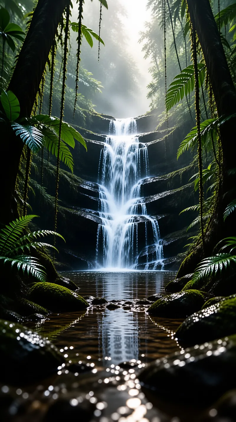 Bright water falls over mossy steps in a lush green forest where sunlight beams through the trees above the pool
