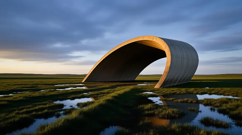 A curved concrete structure sits in a wet grassy plain as warm sunset light illuminates its smooth surface.