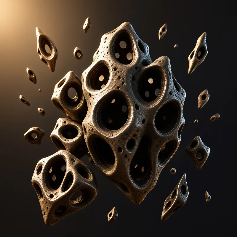 Porous bronze geometric shapes float against a dark background illuminated by warm light.