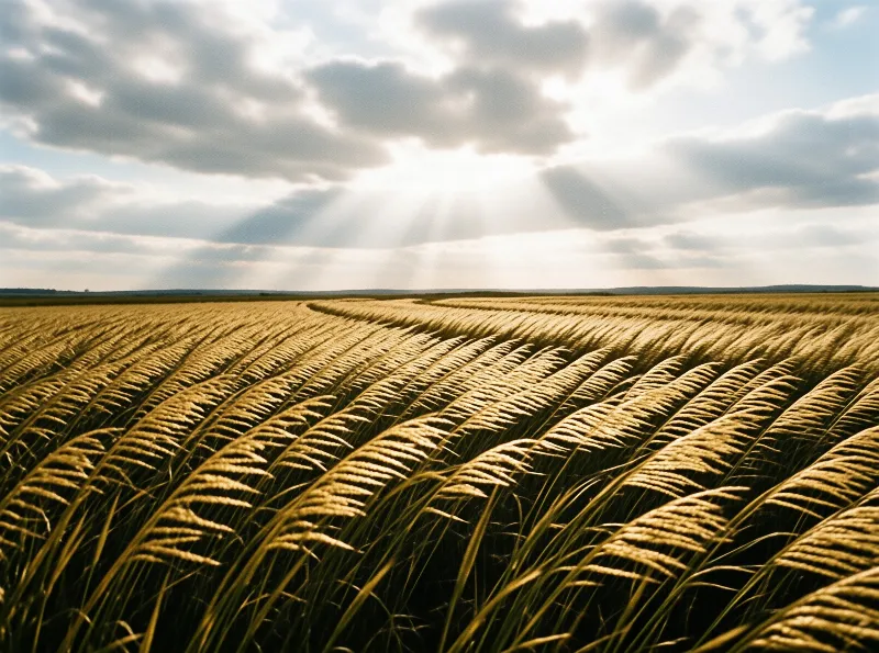 Vast golden wheat stretches toward the horizon while bright sunbeams burst through heavy clouds overhead.