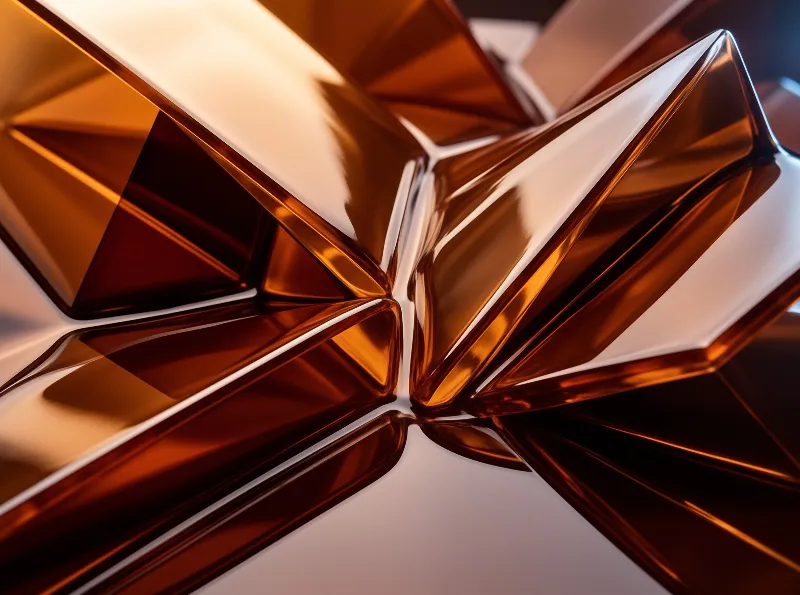 Glossy faceted amber geometric form has sharp angular reflective surfaces, with soft warm studio light catching its facets.