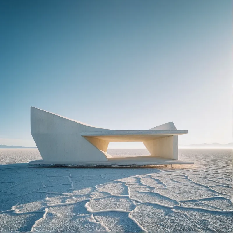 A stark white geometric building stands alone on a cracked salt flat under a clear blue sky.