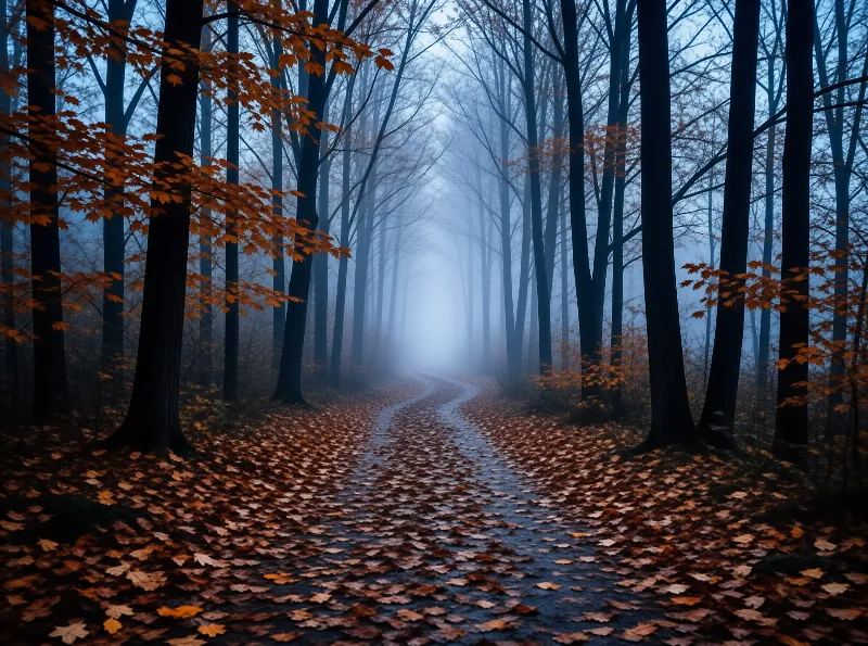A winding dirt trail covered in orange fallen leaves disappears into thick blue fog between tall dark trees.