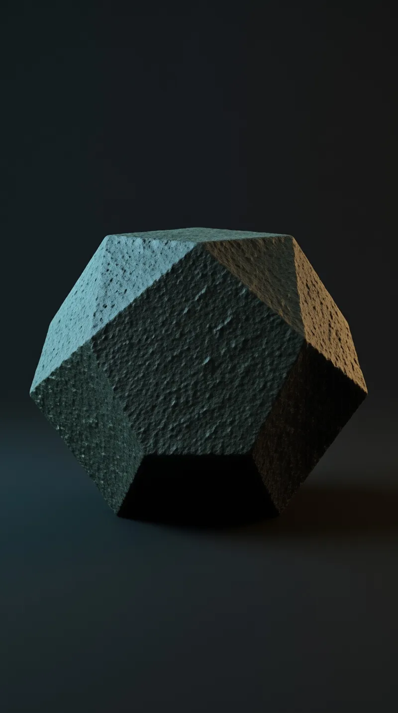 A porous geometric rock floats against a dark gradient background illuminated by contrasting blue and amber tones.