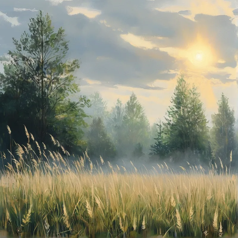 Feathery grasses sway in the foreground before misty evergreen trees while bright sunlight breaks through the clouds above.