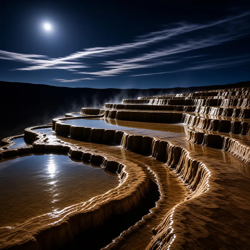 Layered travertine pools reflect moonlight with mist rising, dark hills under a deep blue sky.