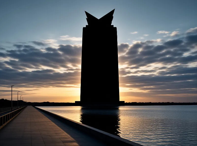 A dark tower with a V-shaped top is silhouetted against the glowing sunset over calm water, with a paved walkway on the left.