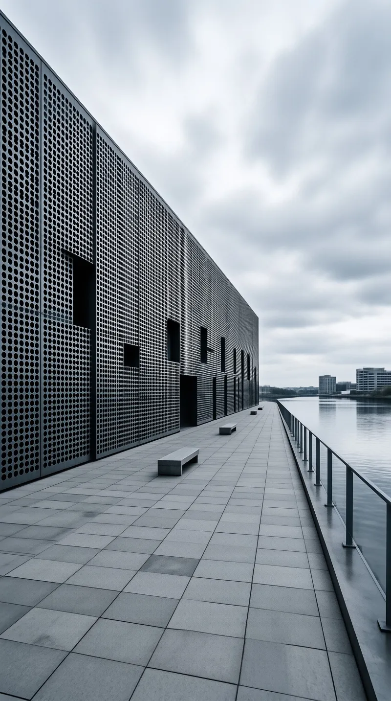 A modern building with perforated metal panels lines a riverside walkway under a cloudy sky featuring benches and a railing