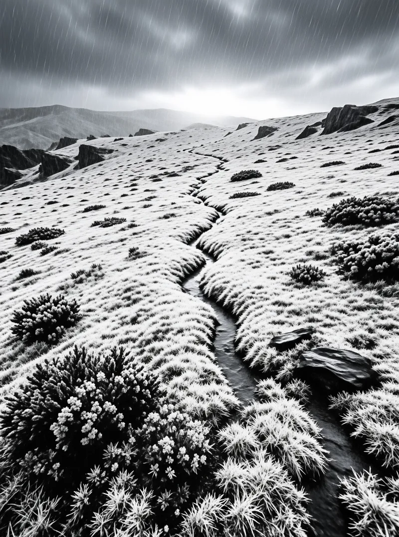A narrow stream threads through frost-white moorland grass as rain streaks a grey upland sky.