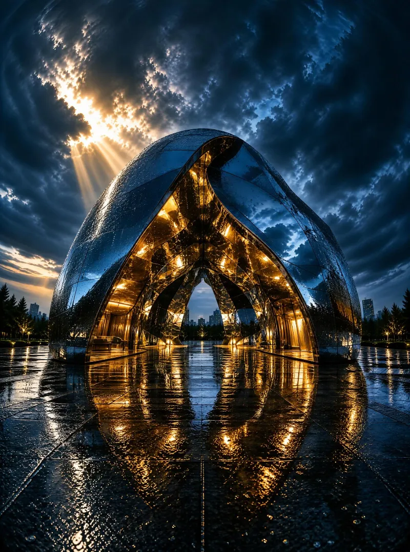 Modern Metallic Egg-Shaped Structure at Sunset