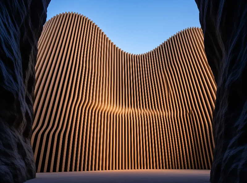 Curved orange architectural slats stand framed by dark rocky walls under a clear blue sky with warm lighting.