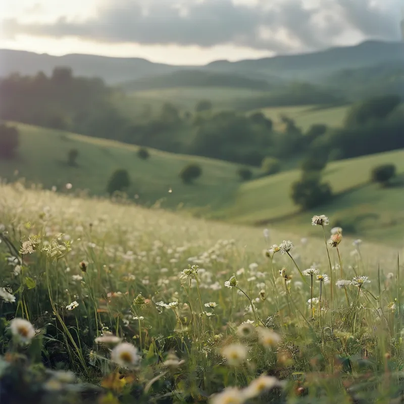 A meadow of white wildflowers stretches toward rolling green hills under a cloudy sky with soft evening light