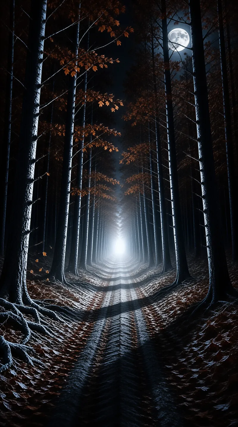 Autumn leaves hang above a misty forest path illuminated by a distant beam of white light.