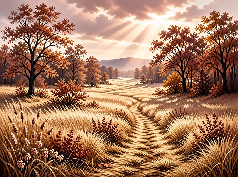 A winding trail winds through golden grasses flanked by orange trees while sunlight breaks through the sky.