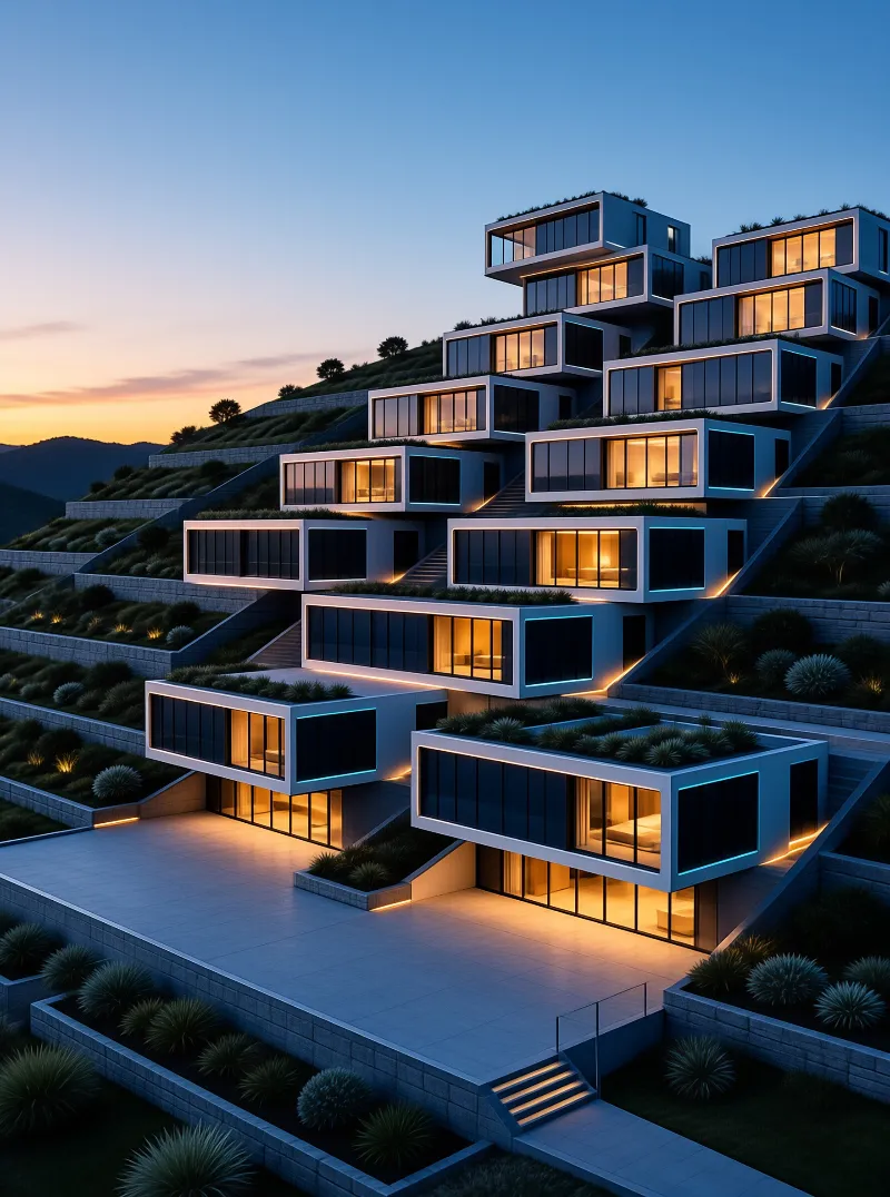 Stacked residential units climb a grassy slope, featuring large windows emitting warm light against cool blue accents.