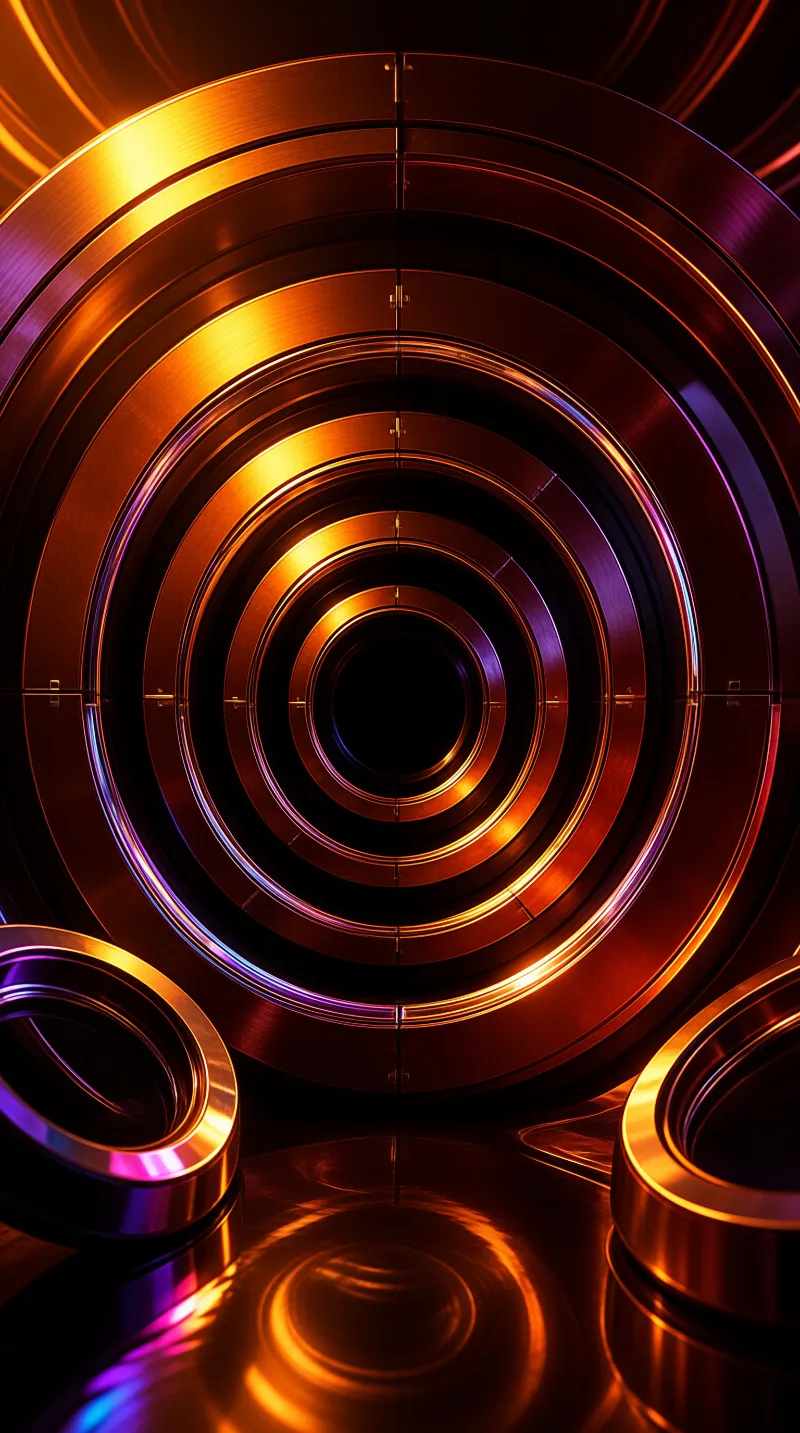 Nested metal circles recede into a dark center while two loose rings lie on the glossy floor in warm amber tones.