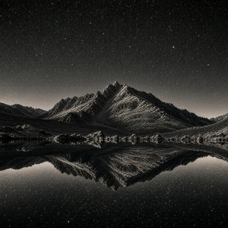 A snow-covered mountain range under a starry night sky, its reflection mirrored perfectly in a calm lake below