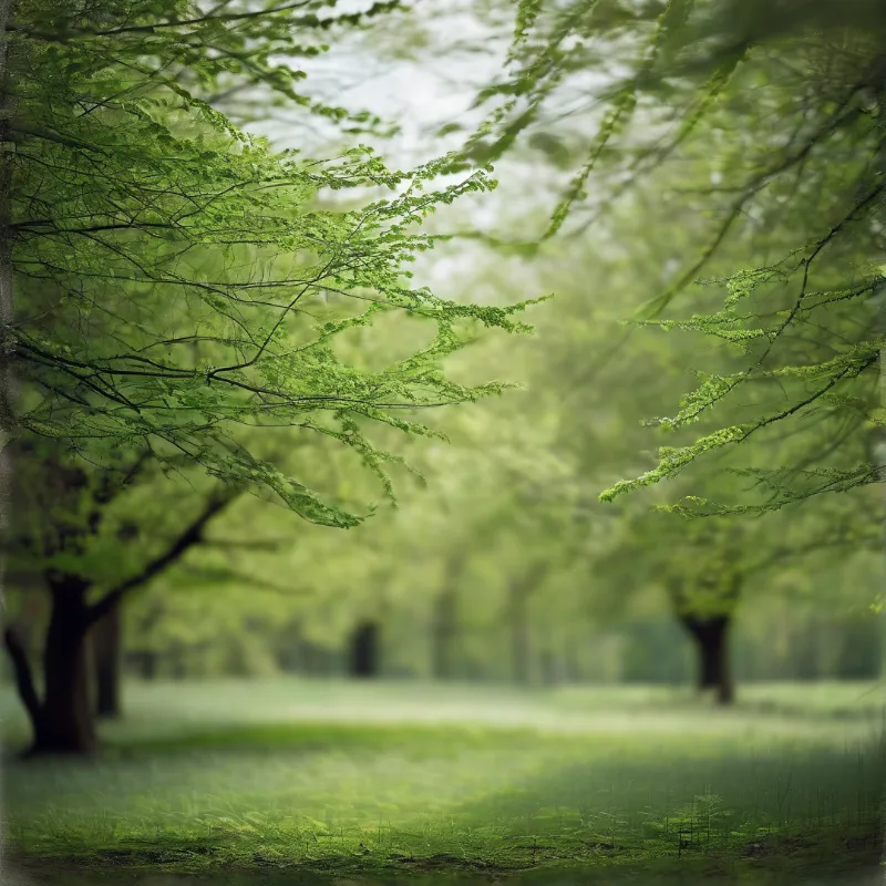 Green tree branches extend across the top while blurred trees stand on a grassy field in the background.