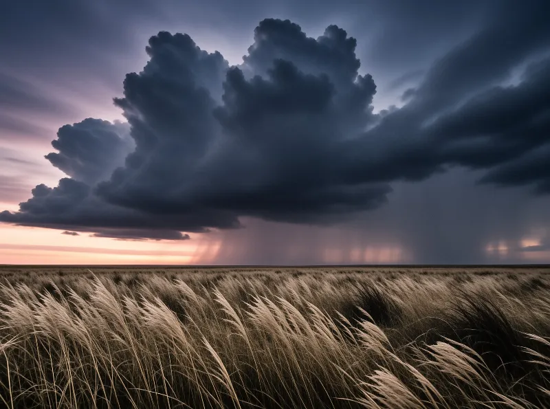 A towering dark cloud pours rain over a wind swept grassland lit by the last sunset light.