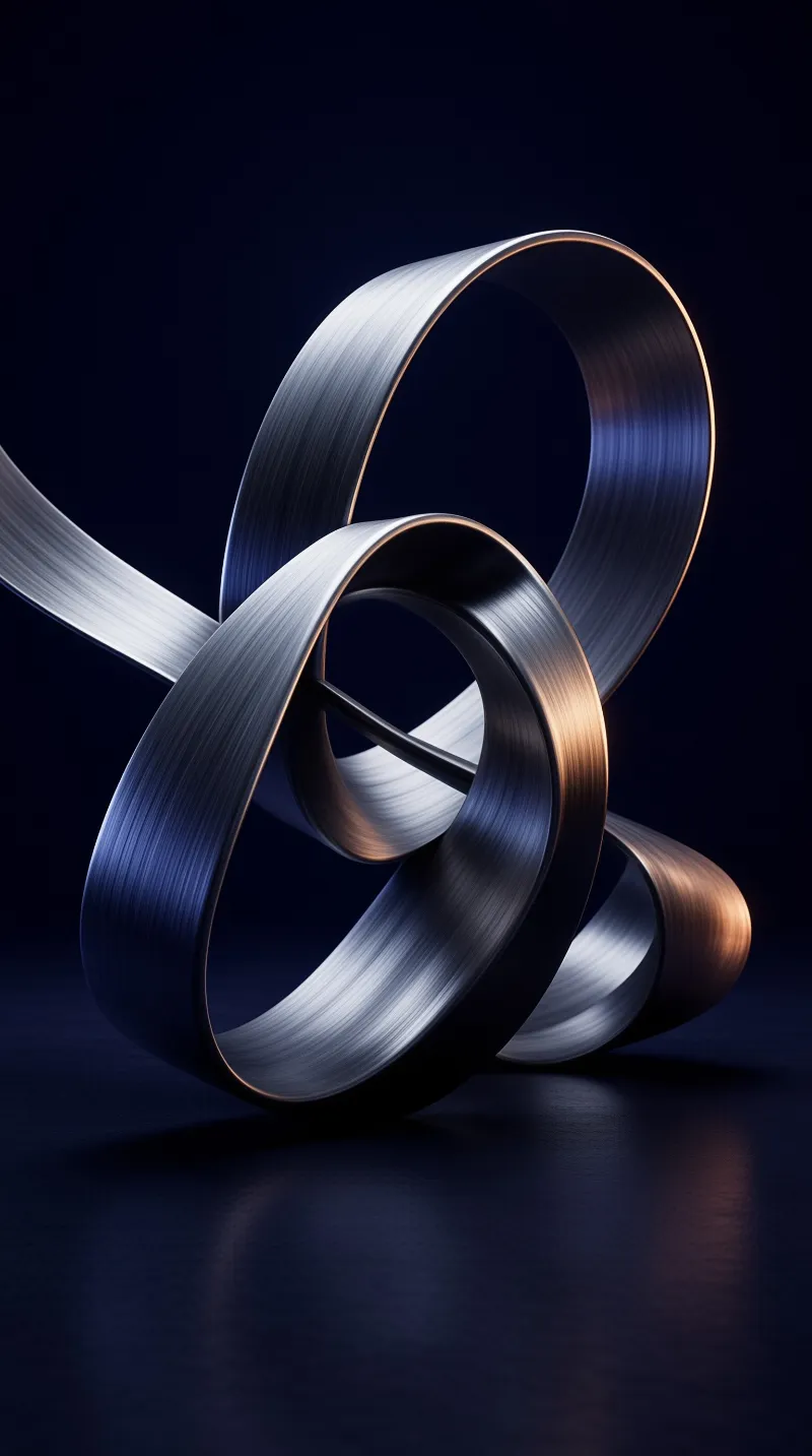 A twisted metallic ribbon forms a complex knot shape illuminated by warm orange highlights against a navy blue background.