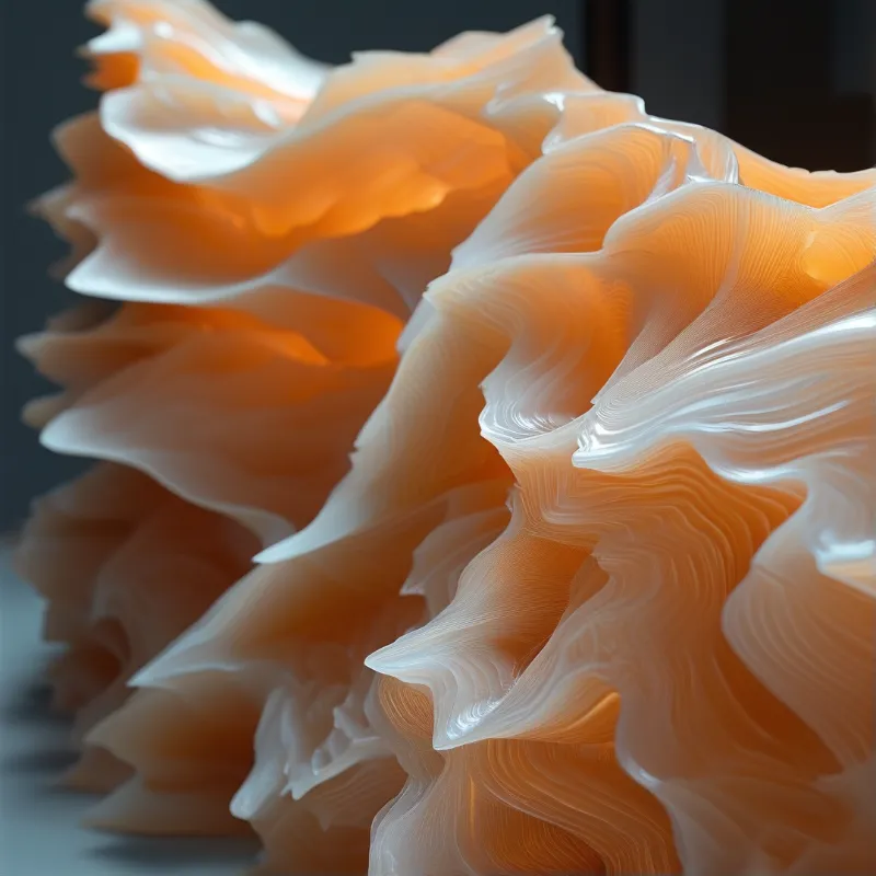Wavy translucent layers of material glow with warm orange tones and bright white highlights.