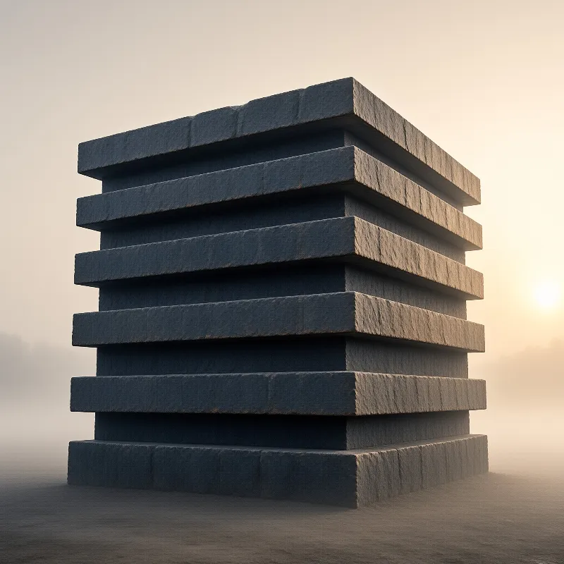 Rough hewn stone plates are stacked slightly out of alignment on a mist covered plain lit by a soft low sun
