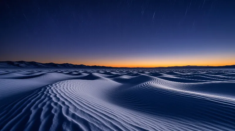 Rippled white sand dunes stretch across a desert under a starry sky with an orange horizon glow.