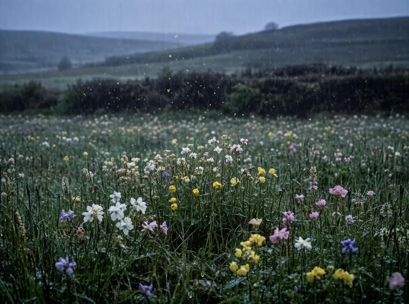 Rainy Meadow with Wildflowers