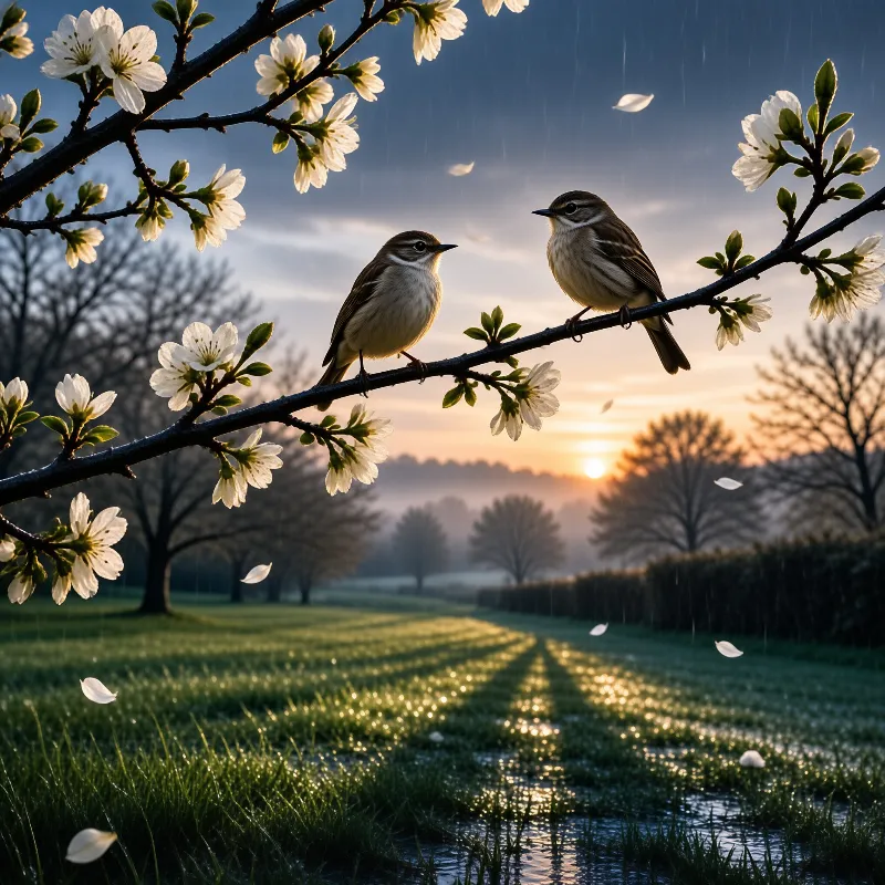 Two small brown birds sit on a flowering branch above a misty green field during sunrise.