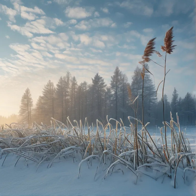 Tall dried reeds covered in frost stand before a misty pine forest in soft winter sunrise light
