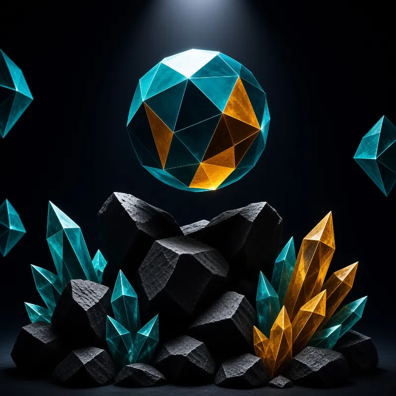 A faceted teal ball glints with amber panes while jagged crystals rise from dark rocks beneath a beam of light.