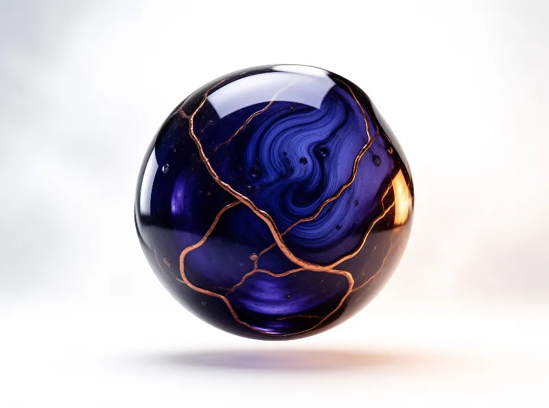 A deep blue glass orb floats in soft white space, its surface split by branching copper-gold fracture lines.