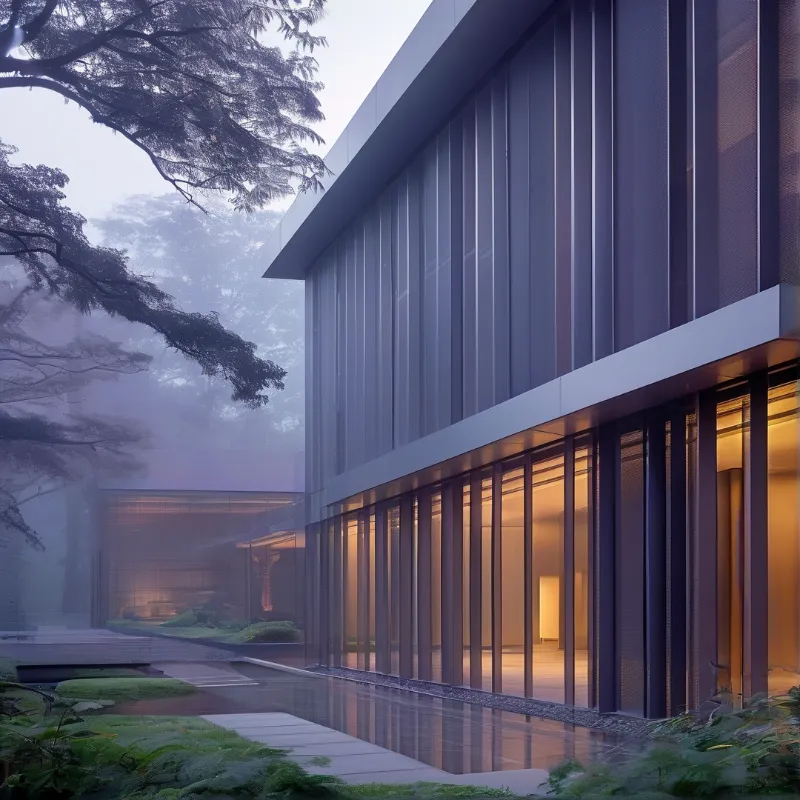 A modern building with floor to ceiling windows glows with warm light while surrounded by misty trees and green ferns.