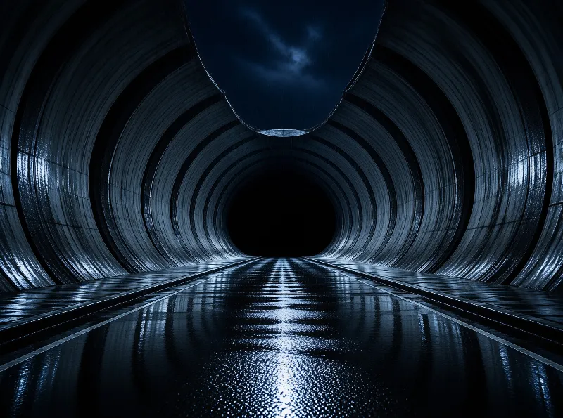 A long tunnel featuring ribbed walls and a wet floor reflecting blue light toward a dark exit.