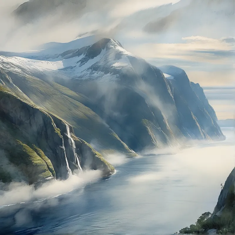 A winding fjord sits between steep cliffs dotted with waterfalls, low mist lies over the water as warm light hits far snow capped peaks.