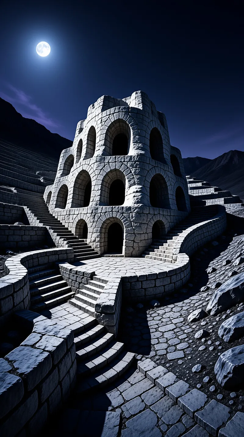 A large ancient stone building with arches sits on a rocky slope under a bright full moon.