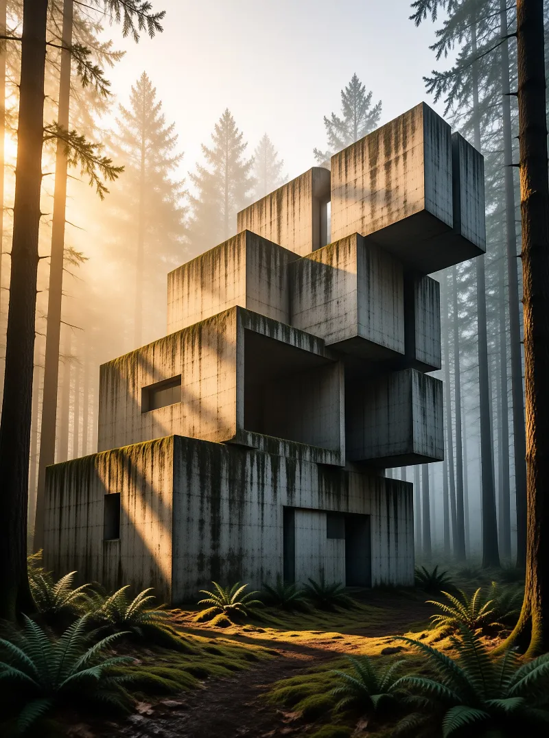 Weathered grey concrete boxes are stacked at angles in a foggy conifer forest, warmed by low sun through the trunks.