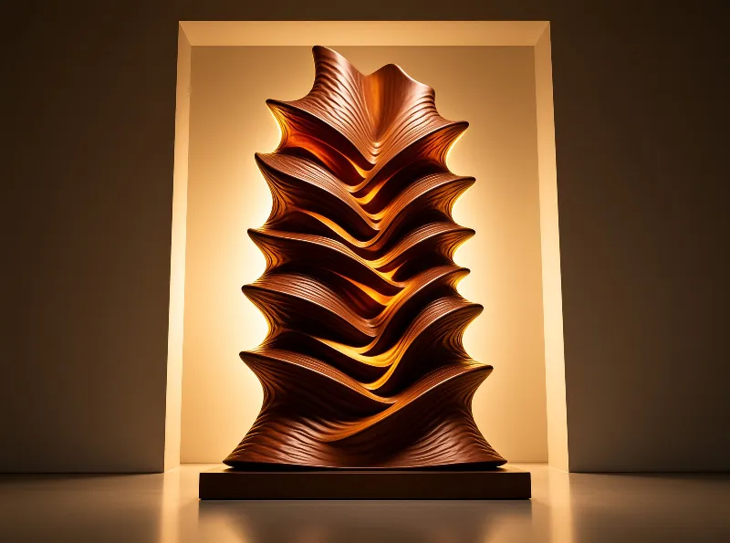 A layered bronze sculpture stands inside a recessed niche filled with warm amber lighting.