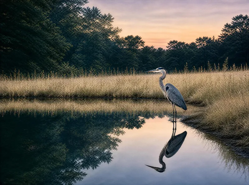 A heron stands on the shore of a calm pond with golden grasses and trees in the background during a colorful sunset, its reflection visible in the water.
