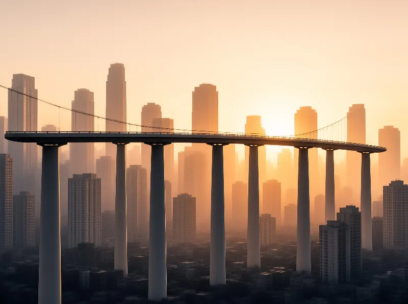 An elevated highway stretches across the view supported by tall columns with skyscrapers silhouetted in the distance.