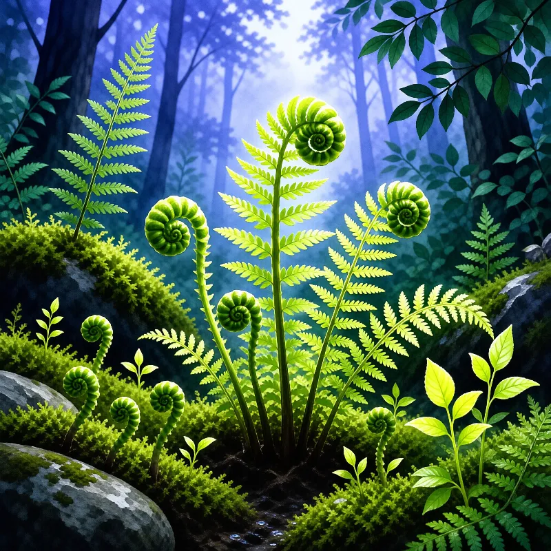 Vibrant unfurling fern fiddleheads rise from mossy forest floor, backlit by soft pale sun filtering through dark tall trees.