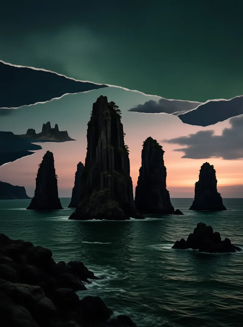 Black rock pillars rise from a teal ocean while layers of ripped paper stand in for cloud and coastline.
