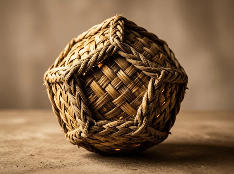 A hand braided ball of dried grass sits on a rough stone surface, warm light escaping through the gaps in its lattice panels